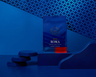Parisi Roma espresso bag displayed on a blue pedestal with a geometric lattice backdrop