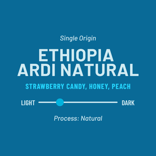 Single Origin Ethiopia Ardi Natural infographic card on a blue background detailing the product