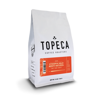 Topeca Ethiopia Halo Beriti Natural coffee bag front view with orange label