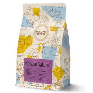 Kokose Natural Ethiopia coffee bag with colorful illustrated pattern and purple label