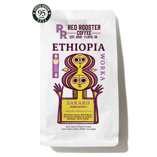 Ethiopia Worka Sakaro Anaerobic Natural coffee bag with bold purple yellow artwork and origin text.