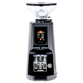 Front view of Eureka Atom W 75 showing hopper top and exposed grinding chamber with portafilter cradle