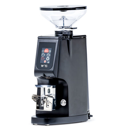 Eureka Atom W 75 espresso grinder with clear hopper, black housing, and digital display