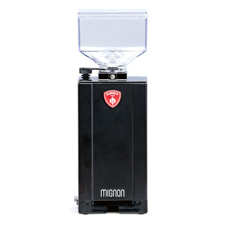 Front view of the Eureka Mignon Silenzio 55 grinder showing the clear hopper and Mignon branding.