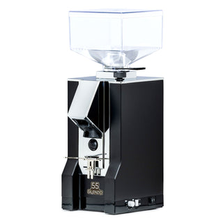 Compact Eureka Mignon Silenzio 55 espresso grinder in black chrome finish front view with hopper.