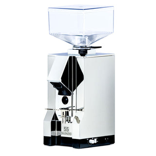Open box Eureka Mignon Silenzio 55 espresso grinder with a clear square hopper atop a polished chrome body.