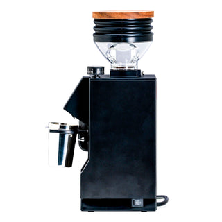 Side view of Eureka Mignon Zero 65 espresso grinder with adjustable dial and front red badge