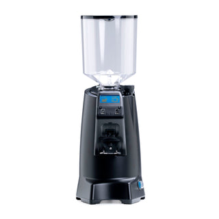 Tall clear hopper with 3lb capacity mounted on top of a black coffee grinder