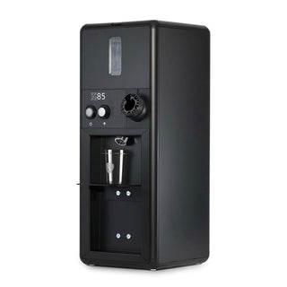 Open box Eureka SG85 black espresso grinder with a clear hopper window and front control panel