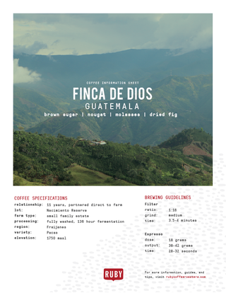 Finca De Dios Guatemala Nacimiento Reserve information sheet with mountain landscape and tasting notes brown sugar