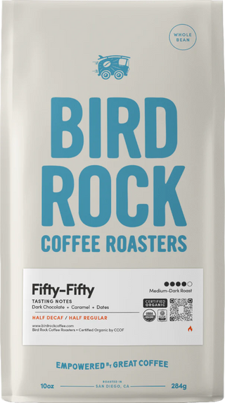 Fifty-Fifty Half Caff coffee bag by Bird Rock Coffee Roasters with bold blue logo and half decaf half regular label