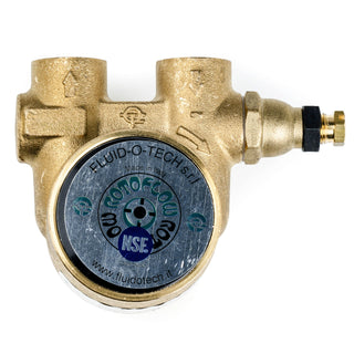 Brass Fluid O Tech rotary pump body with two ports and an NSF badge on the dial