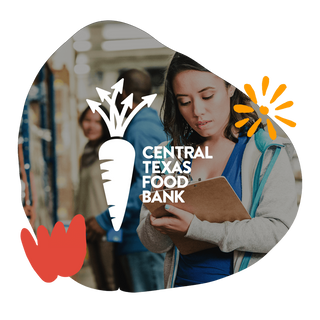 Woman in a grocery store reading a clipboard with Central Texas Food Bank logo overlay