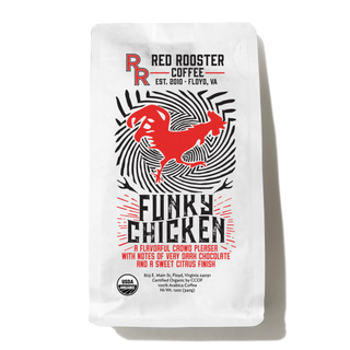 Organic Funky Chicken coffee bag featuring a bold chicken drawing and Funky Chicken branding