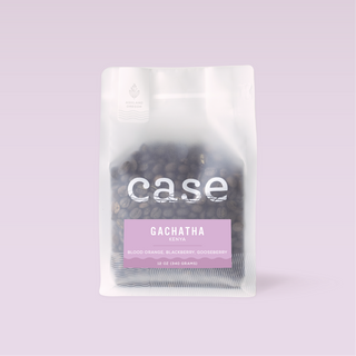 Case Coffee Roasters Kenya Gachatha peaberry bag with Gachatha Kenya label and notes blood orange blackberry gooseberry