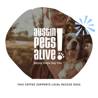 Circular photo of a smiling person holding a dog with Austin Pets Alive branding and a blue burst graphic