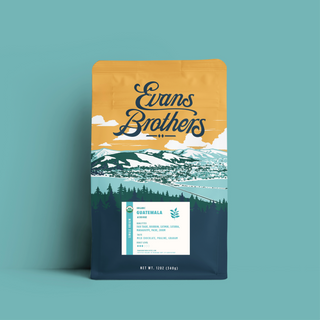 Partial view of Evans Brothers coffee bag with bold orange design against a teal background