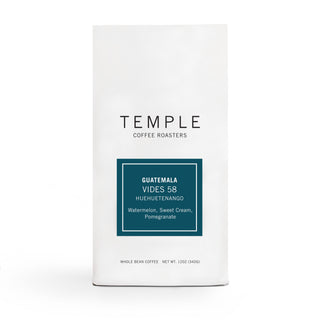 Temple Coffee Roasters Guatemala Vides 58 bag with teal label listing Watermelon Sweet Cream and Pomegranate