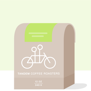 Peru Gedion Venero coffee bag design on lime green background featuring a bicycle illustration