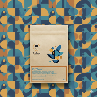 Colombia Reforest Project coffee bag with kraft packaging and blue orange geometric artwork