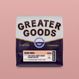 Good Vibes Brazil coffee bag displayed on a pink background with flavor notes and weight label