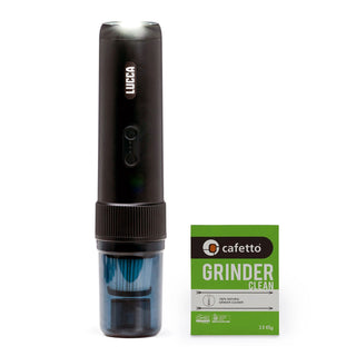 LUCCA Grinder Cleaning Kit with black handheld vacuum and green grinder cleaner box.