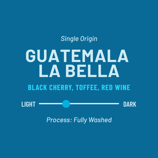 Guatemala La Bella coffee label showing tasting notes black cherry toffee and red wine with a light to dark roast scale