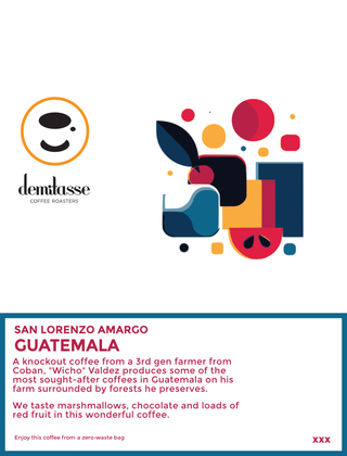 Demitasse Guatemala San Lorenzo Amargo coffee card featuring vivid abstract shapes on the right and Demitasse logo on the left.