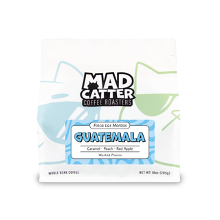 Finca Las Moritas Guatemala coffee bag from Mad Catter Coffee Roasters showing washed process and tasting notes caramel peach red apple