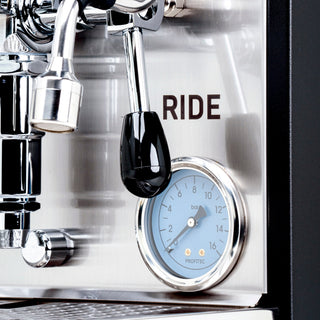 Close up of Profitec RIDE pressure gauge and chrome components on the machine