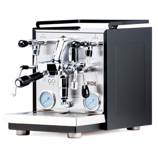 Front view of Profitec RIDE espresso machine with twin group heads and chrome gauges.(Black)