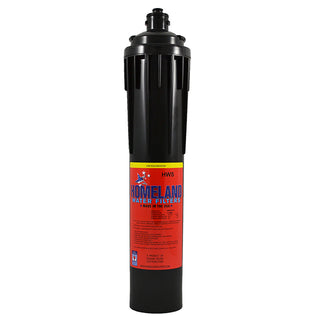 Black cylindrical HWS water softening replacement cartridge with red label