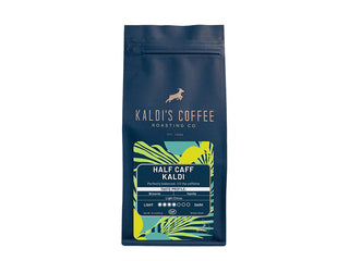 Half Caff Kaldi bag from Kaldi's Coffee with colorful label and horse logo.