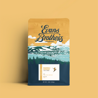 Headwall Espresso Blend Evans Brothers bag with mountain scenery artwork