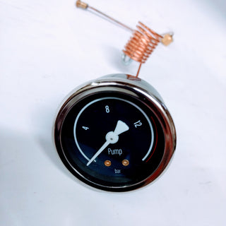 Blue brew pressure gauge on a LUCCA espresso machine