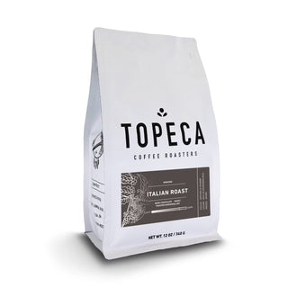 Italian Roast Blend packaging in a white coffee bag with Topeca branding