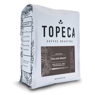 Close up of a Topeca coffee bag showing the open tab graphic and minimalist packaging design