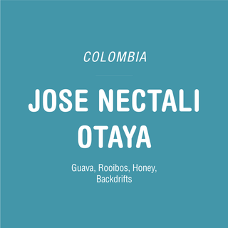 Colombia Jose Nectali Otaya coffee bag label on teal background with Guava Rooibos Honey notes