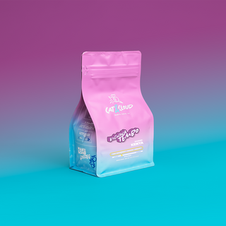 Kenya Kichwa Tembo coffee bag in pink and blue gradient packaging on a gradient background.