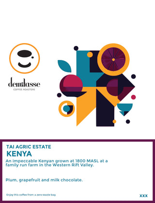 Demitasse Kenya Tai Agric Estate coffee card with colorful geometric artwork on the right and Demitasse logo on the left.