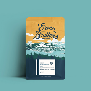 Kenya Kii AB coffee bag with Evans Brothers logo on a bright yellow bag set against a teal background