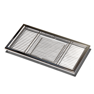 Angled close-up of a stainless steel drip tray grate for the Linea Mini coffee machine