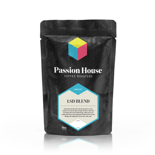 Front view of a black Passion House LSD Blend coffee bag with a blue teal hex label and LSD Blend text