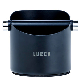 Matte black LUCCA knock box with a chrome knock bar and LUCCA logo on the front.