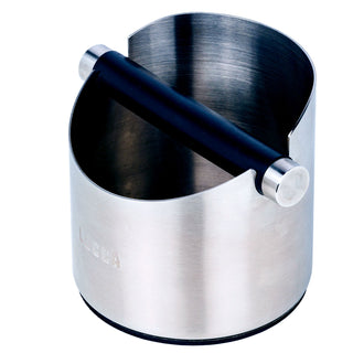 Close up of LUCCA Knock Box showing the black knock bar across the brushed stainless steel body