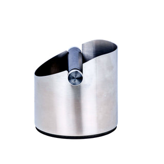 Close up of a brushed stainless steel LUCCA Knock Box with a wide opening and durable knock bar