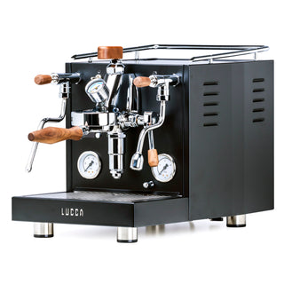 Lucca M58 Sunto matte black, from Clive Coffee, Knockout, angled. 