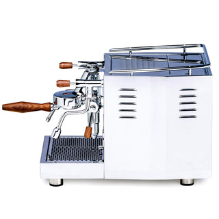 Side view of LUCCA M58 Sunto espresso machine in stainless steel with wooden portafilter handles and a perforated drip tray