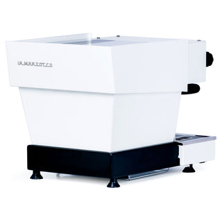 Side view of white La Marzocco Linea Mini espresso machine on a black base.
