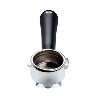 Close-up of the LUCCA A53 spouted portafilter with a black handle and exposed basket, shown from a lower angle.